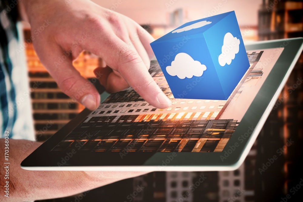 Poster composite image of cropped hands of man using digital tablet