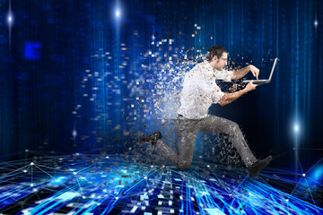 Fast internet connection concept with running businessman