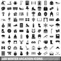 100 winter vacation icons set, simple style 
