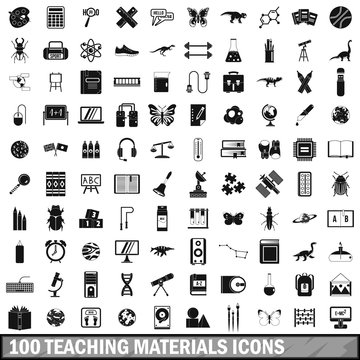 100 teaching materials icons set, simple style 