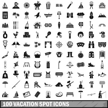 100 vacation spot icons set, simple style 