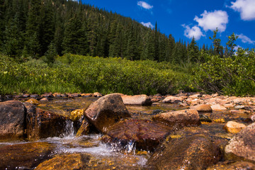 summer mountains green grass and blue sky landscape green trees and spring waterfalls. Colorado. USA