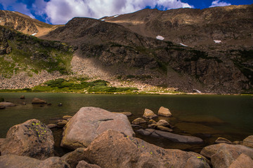 Fototapeta na wymiar Colorado Mountain Lake Panorama in the Rocky Mountains Glacier lake, USA.