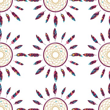 Dreamcatcher seamless pattern of the ornaments of feathers. Native American Indian Dreamcatcher, a traditional symbol. Feathers isolated on white background. Vector decorative elements of hippies.