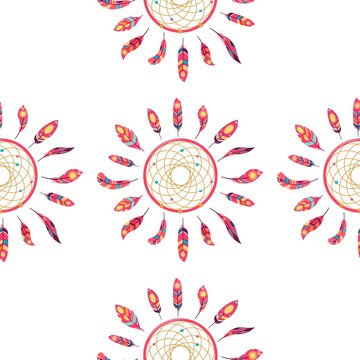 Dreamcatcher seamless pattern of the ornaments of feathers. Native American Indian Dreamcatcher, a traditional symbol. Feathers isolated on white background. Vector decorative elements of hippies.