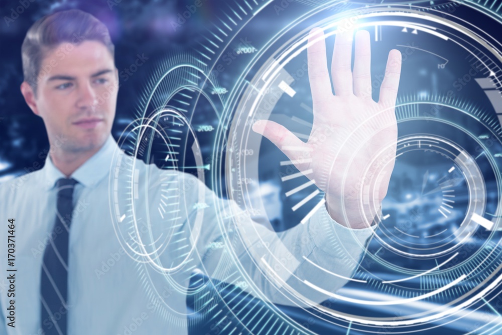Poster composite image of businessman using futuristic digital screen