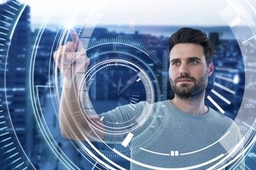 Composite image of man touching invisible screen