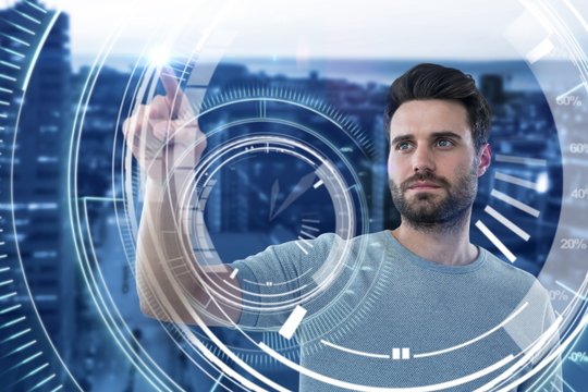 Composite image of man touching invisible screen