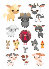 The image of cute farm animals in cartoon style. Children’s illustration. Vector set.