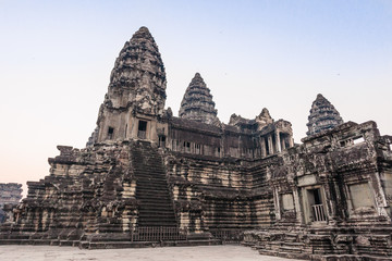 Angkor Wat Temple. Stairs leading to upper galleries and towers of main Temple. Ancient temple complex Angkor Wat in Siem Reap, Cambodia. Angkor Wat isthe largest religious monument in the world.