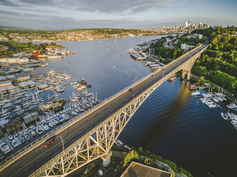 Stylized Aerial View of Seattle Bridge on Sunny Summer Day
