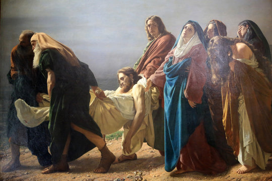 J&eacute;sus-Christ port&eacute; au tombeau. Antonio Ciseri de Ronco sopra Ascona. 1870. Eglise de l'Annonciation. Sanctuaire Madonna del Sasso. XVIe si&egrave;cle. Orselina. Suisse.  Jesus Christ carried to the tomb.