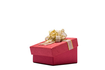 Elegant gift box with golden bow on white background