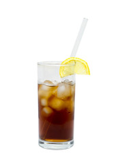 Fototapeta na wymiar glass of cocktail or tea with glass drinking straw, ice and lemon isolated on white. object; beverage.