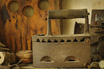 vintage cast iron and tools, still life