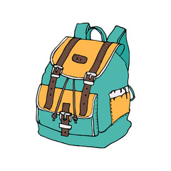 Hand drawn doodle backpack isolated on white background. Colorful icon. School decorative element. Back to school. Bag in cartoon style. Design for print. Vector illustration. 90 s style.