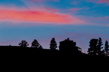 Fototapeta premium Beautiful sunset behind pine tree and house.