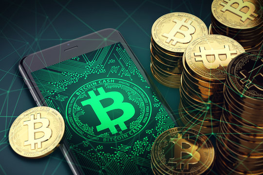 Bitcoin Cash symbol on-screen among piles of BCC/BCH coins. 3D rendering