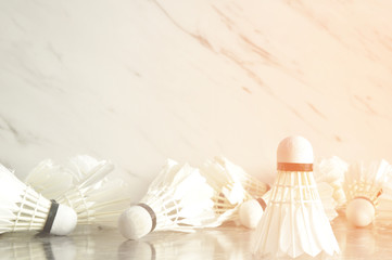 Badminton shuttlecock on the floor. Badminton court. Concept sport , play, teamwork, motivation, attitude