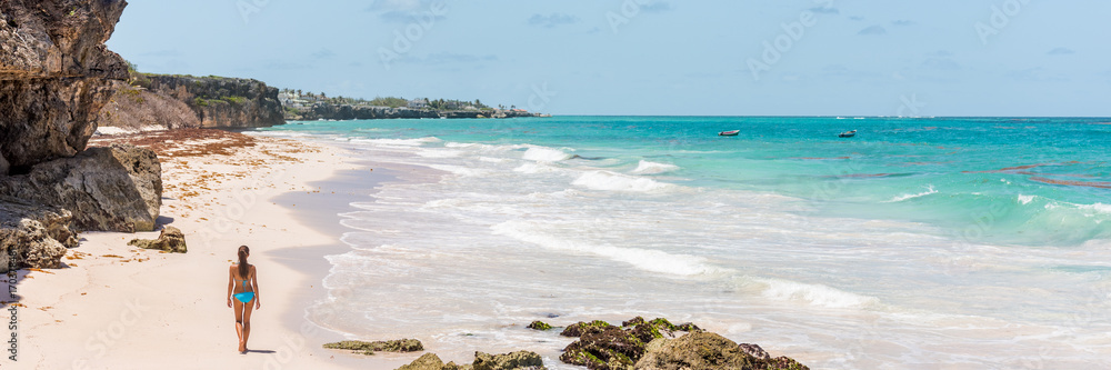 Wall mural barbados beach cruise tropical vacation woman banner. ginger beach famous tourist destination.