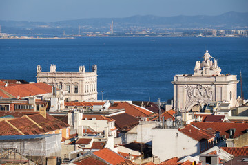 Fototapeta premium Tejo river as seen from the observation platform of Santa Justa Lift. Lisbon. Portugal