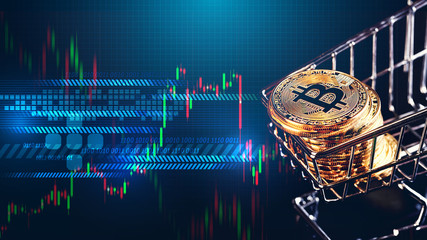 Bitcoins and New Virtual money concept.shopping carts full of Gold bitcoins with Candle stick graph...