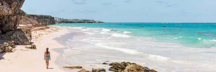 Barbados beach cruise tropical vacation woman banner. Ginger beach famous tourist destination.