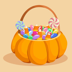 Halloween Candy Pumpkin Basket contains a lot of Halloween candies vector illustration.