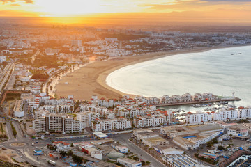 Beach in Agadir city at sunrise, Morocco