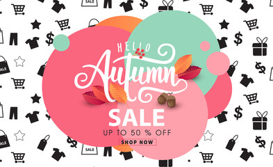 Obraz premium Autumn sale background layout decorate with leaves for shopping sale or promo poster and frame leaflet or web banner.Vector illustration template.