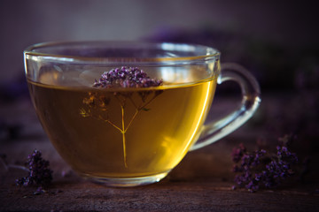 Green tea with herbals. Tea with oregano on the wooden background