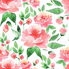 Floral seamless pattern 1. Watercolor background with flowers and leaves