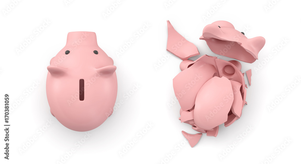 Poster 3d rendering of two isolated piggy banks in top view where one is intact and another is broken.