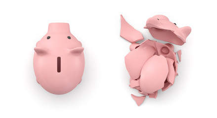 3d rendering of two isolated piggy banks in top view where one is intact and another is broken.