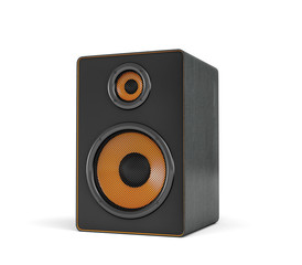Obraz premium 3d rendering of a large black stereo box with two round speakers on white background.