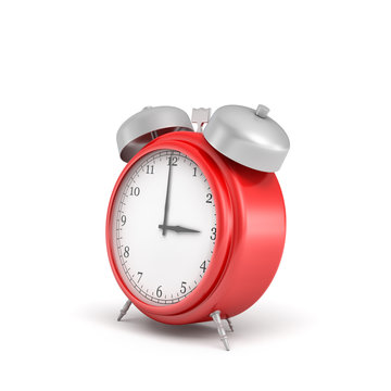 3d rendering of a red vintage alarm clock with double metal bells isolated on white background.
