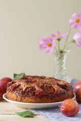Plum pie or cake with cinnamon and sugar. Plum cake from the newspaper New York Times . Selective focus.