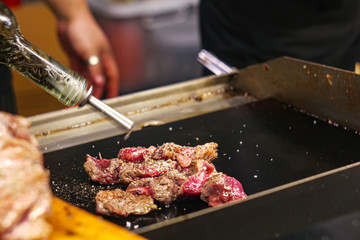 Slice beef steak grill on the pan with seasoning