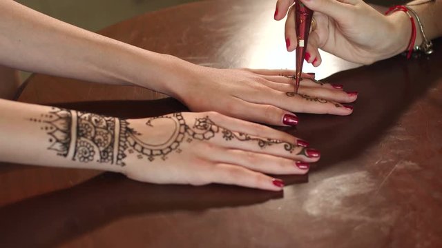 Two female's hands with the image of mehendi henna patterns