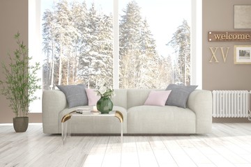 White empty room. Scandinavian interior design. 3D illustration