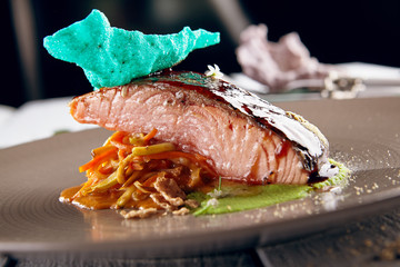 Salmon sous vide with julienne of stewed vegetables