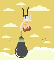 Sad businessman falling holding idea bulb as balloon . Stock flat vector illustration.