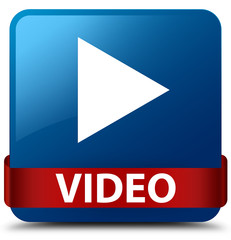 Video blue square button red ribbon in middle