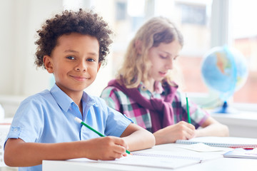 Smiling schoolboy with pencil writing essay or preparing homework