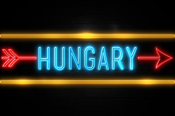 Hungary   - fluorescent Neon Sign on brickwall Front view