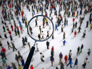 Magnifying glass on a large group of people. 3D Rendering - obrazy, fototapety, plakaty
