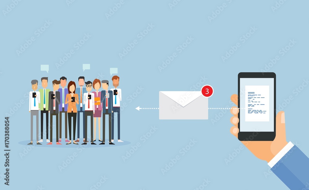 Poster flat business sending message on mobile and email marketing and concept

