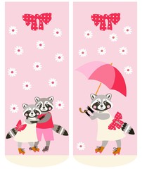 Various socks with cute raccoons. Vector template. Anime style.
