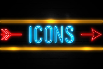 Icons  - fluorescent Neon Sign on brickwall Front view