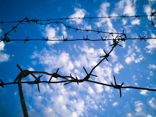 Barbed wire against the sky with clouds